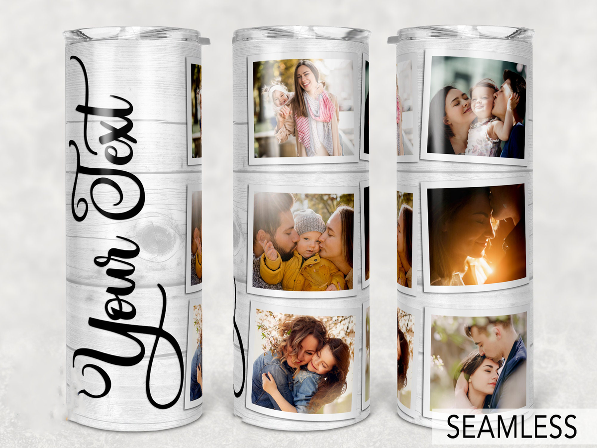 Custom Photo & Text Collage 20oz Skinny Tumbler, White Wood Grain Personalized Picture Tumbler, Custom Name Photo Cup, Birthday Gift for Family