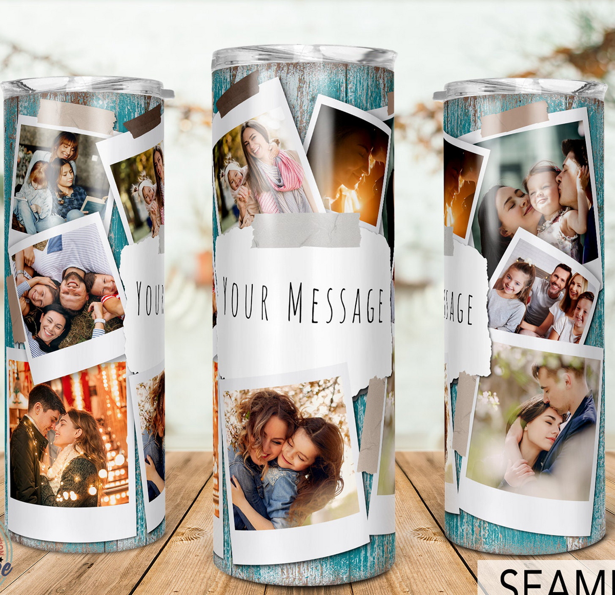 Vintage Teal Wood 9 Photo Collage Custom 20oz Skinny Tumbler, Personalized Polaroid Picture Tumbler with Custom Text, Gift for Family & Friends