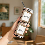 Personalized 20oz Skinny MAMA Leopard Print Tumbler with Lid & Straw, Custom 4 Photos Only, Fixed Rose Gold Glitter Leopard MAMA Design, Stainless Steel Insulated Travel Mug, Single Cup, Mother’s Day Gift for Mom