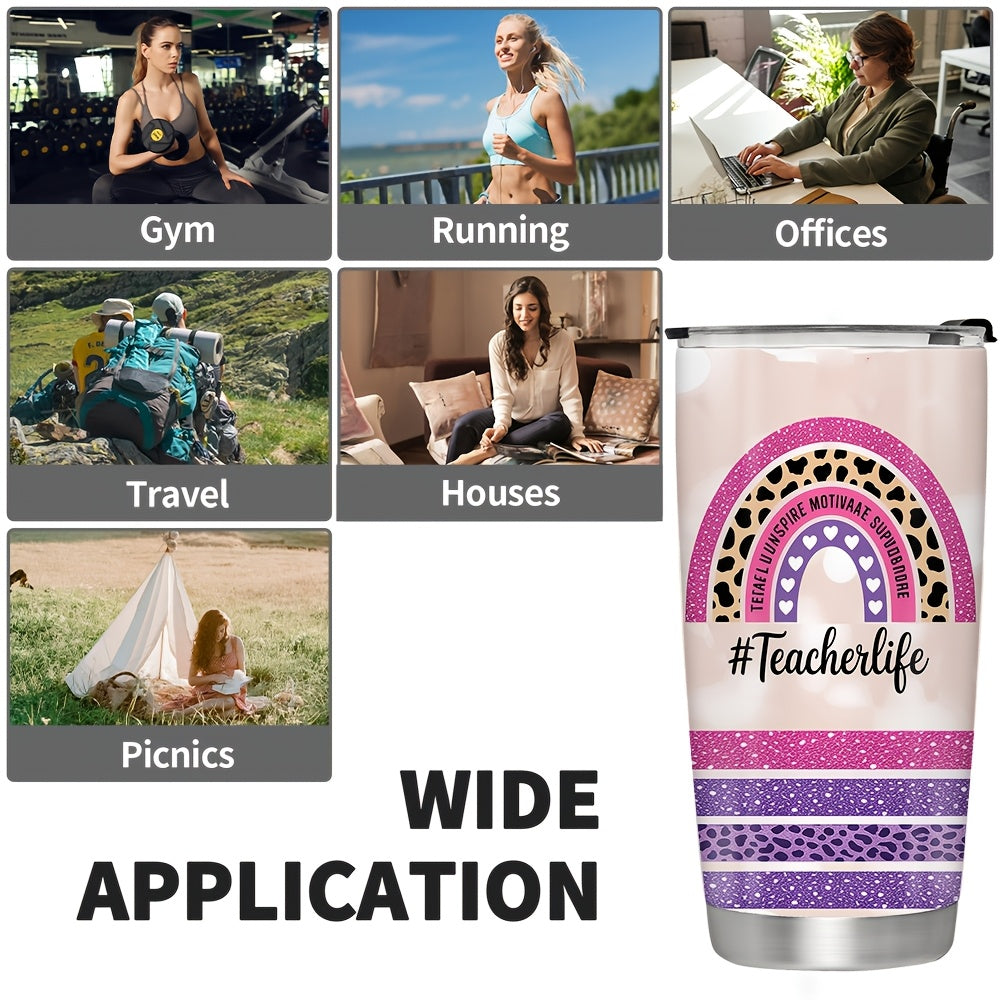 20oz Personalized Teacher Tumbler with Lid, Custom Name Rainbow & Pencil Design, Stainless Steel Insulated Travel Coffee Mug, Teacher Appreciation Week Gift, Birthday Mother's Day Gift for Teachers