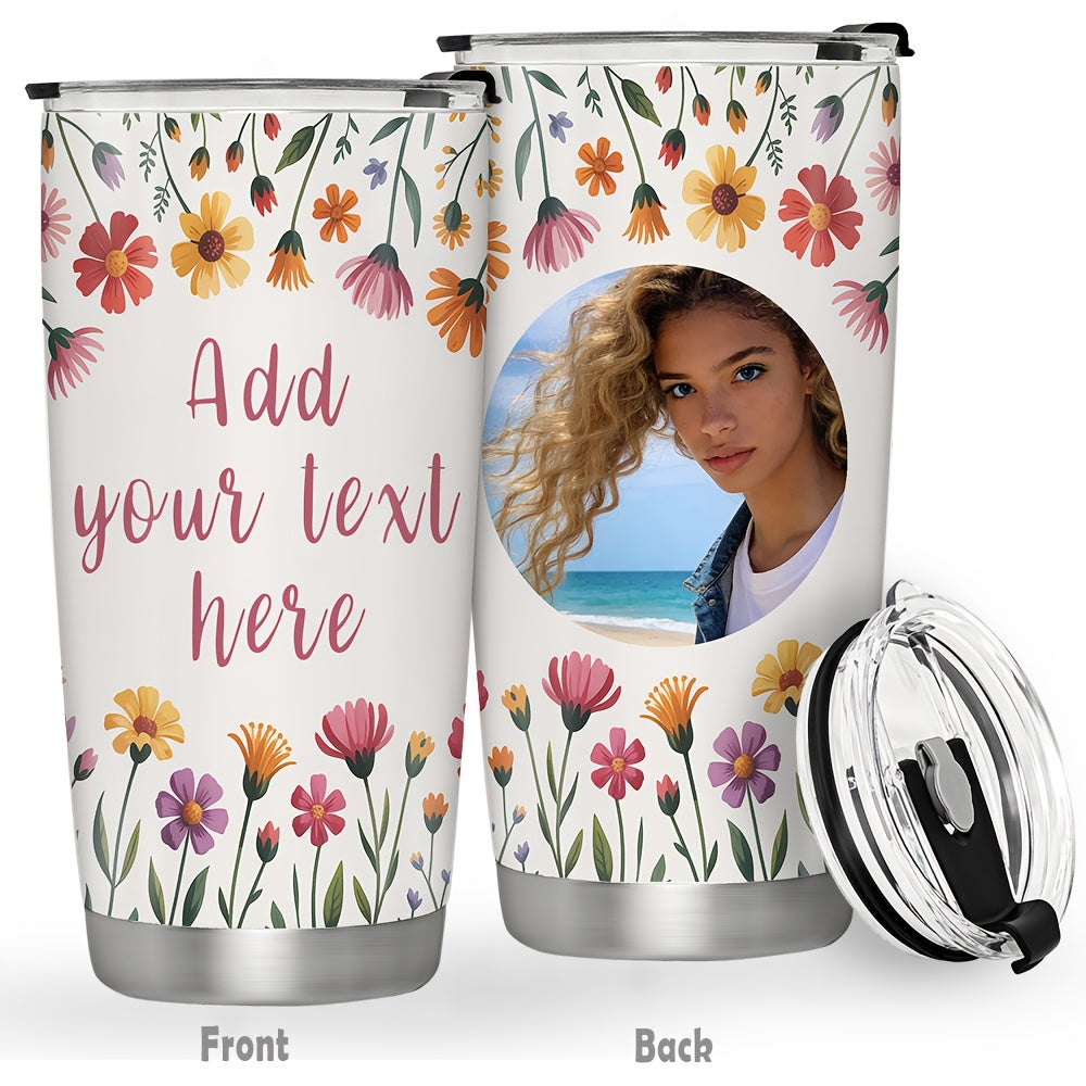 20Oz Personalized Floral Tumbler, Custom Photo & Text Stainless Steel Insulated Tumbler with Lid, Wildflower Design Coffee Travel Mug, Custom Mother’s Day Gift, Birthday Gift for Women