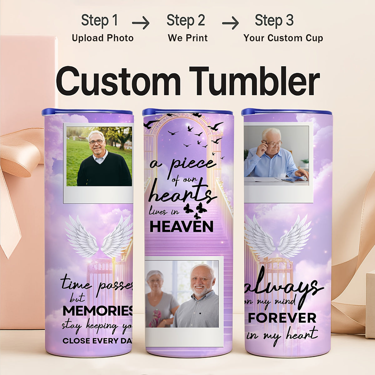 Memorial Custom Photo 20oz Skinny Tumbler, Purple Sky Angel Wings Personalized Insulated Tumbler, Forever in My Heart Remembrance Gift Cup