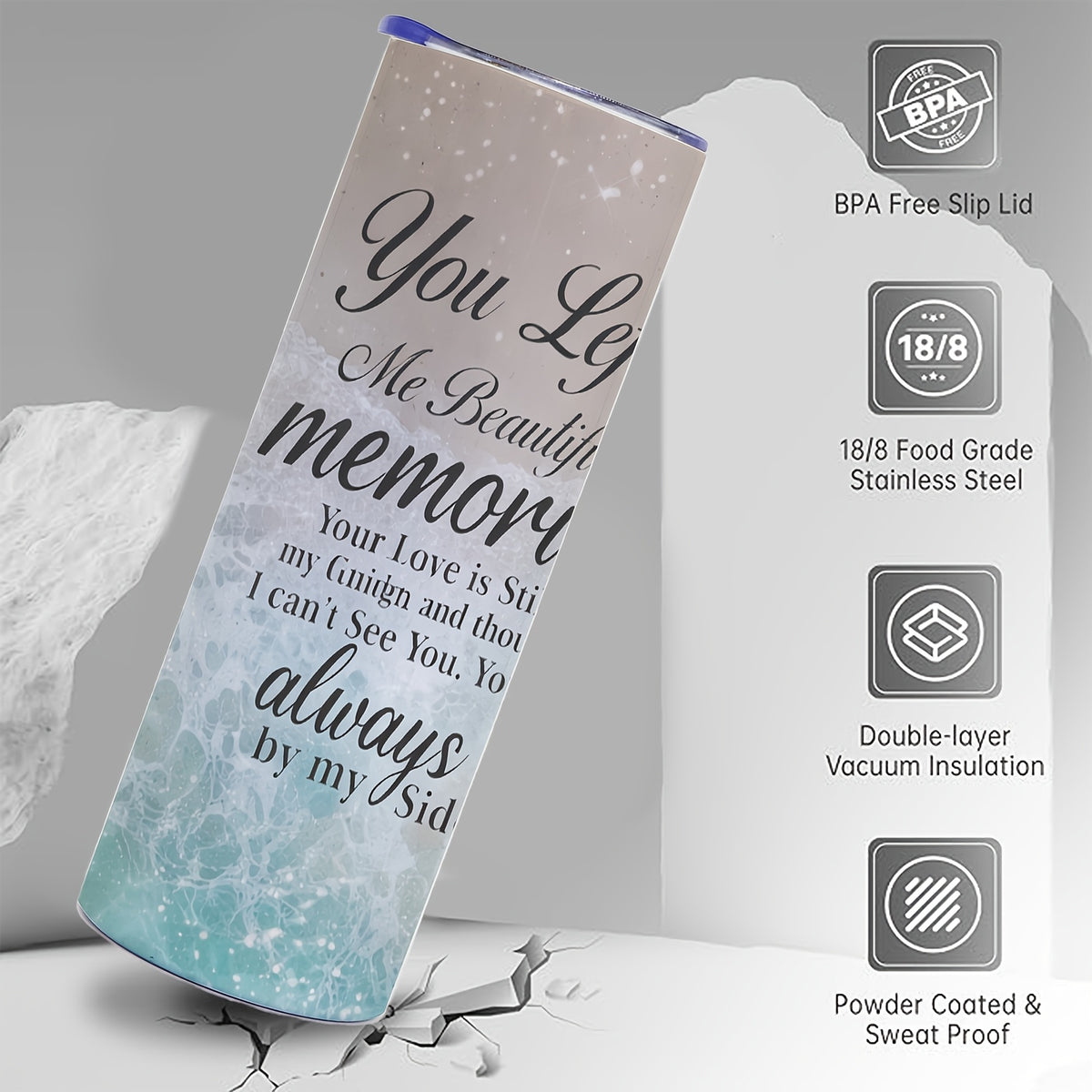 Personalized 20oz Skinny Stainless Steel Tumbler with Lid & Straw, Custom 4 Photo Collage, Fixed Marble Background & Quote, Insulated Travel Cup, Single Tumbler, Birthday & Anniversary Keepsake Gift