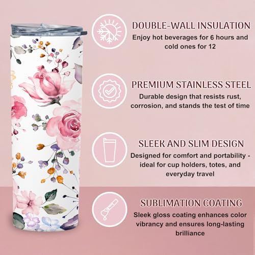 Personalized Mom Tumbler with Name | 20oz Skinny Floral Cup with Lid and Straw | Custom Gift for Mother’s Day, Birthday, Christmas | Insulated Travel Tumbler for Coffee Water Tea | Pink Roses