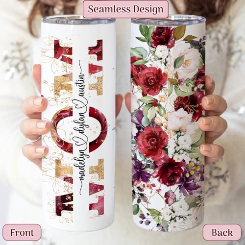 Personalized Mom Tumbler with Name | 20oz Skinny Floral Cup with Lid and Straw | Custom Gift for Mother’s Day, Birthday, Christmas | Insulated Travel Tumbler for Coffee Water Tea | Red Roses