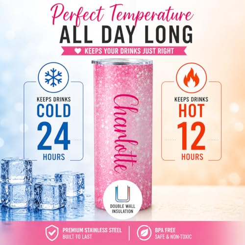 Personalized Tumbler with lid and straw | 20oz Stainless Steel Custom Tumblers | Personalized Gifts | Double Wall Insulated Cup for Hot, Cold Drinks | Tumbler Ombre Glitter effect with Name | 20oz Cup