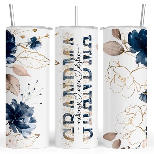 Personalized Grandma Tumbler with Names | 20 oz Custom Floral Insulated Cup with Lid & Straw | Gift for Grandma, Nana, Mimi | Mother’s Day, Birthday, Christmas Gift from Grandkids | Pink Roses