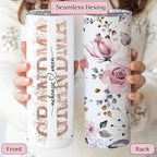 Personalized Grandma Tumbler with Names | 20 oz Custom Floral Insulated Cup with Lid & Straw | Gift for Grandma, Nana, Mimi | Mother’s Day, Birthday, Christmas Gift from Grandkids | Pink Roses