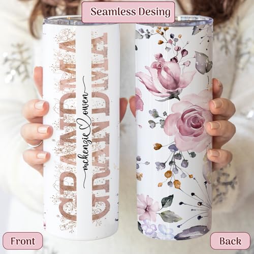 Personalized Grandma Tumbler with Names | 20 oz Custom Floral Insulated Cup with Lid & Straw | Gift for Grandma, Nana, Mimi | Mother’s Day, Birthday, Christmas Gift from Grandkids | Pink Roses