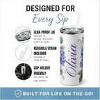Personalized Name Tumbler with Flower Designs | Custom Coffee Tumbler, 20oz Insulated, 18/8 Stainless Steel Travel Mug, Lid & Straw, Unique Gift for Mom, Women & Friends