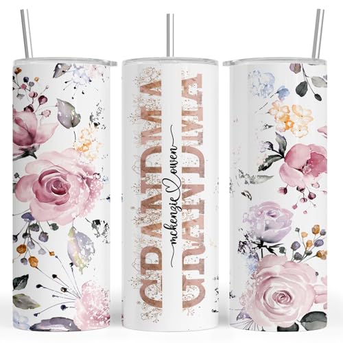 Personalized Grandma Tumbler with Names | 20 oz Custom Floral Insulated Cup with Lid & Straw | Gift for Grandma, Nana, Mimi | Mother’s Day, Birthday, Christmas Gift from Grandkids | Pink Roses