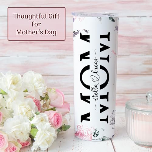 Personalized Mom Tumbler with Name | 20oz Skinny Floral Cup with Lid and Straw | Custom Gift for Mother’s Day, Birthday, Christmas | Insulated Travel Tumbler for Coffee Water Tea | Pink Roses
