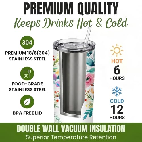 Personalized Name Tumbler with Flower Designs | Custom Coffee Tumbler, 20oz Insulated, 18/8 Stainless Steel Travel Mug, Lid & Straw, Unique Gift for Mom, Women & Friends