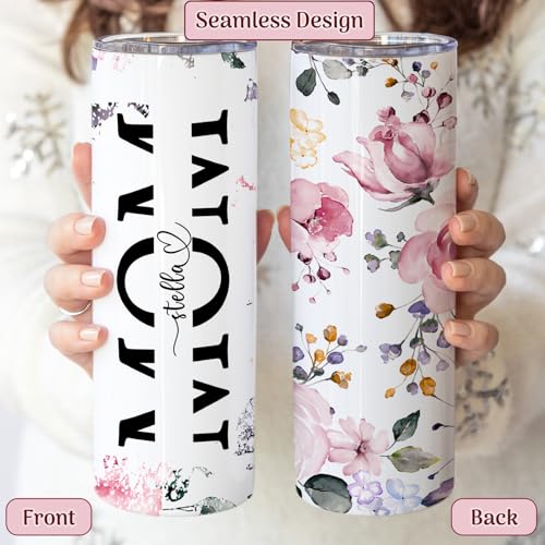 Personalized Mom Tumbler with Name | 20oz Skinny Floral Cup with Lid and Straw | Custom Gift for Mother’s Day, Birthday, Christmas | Insulated Travel Tumbler for Coffee Water Tea | Pink Roses