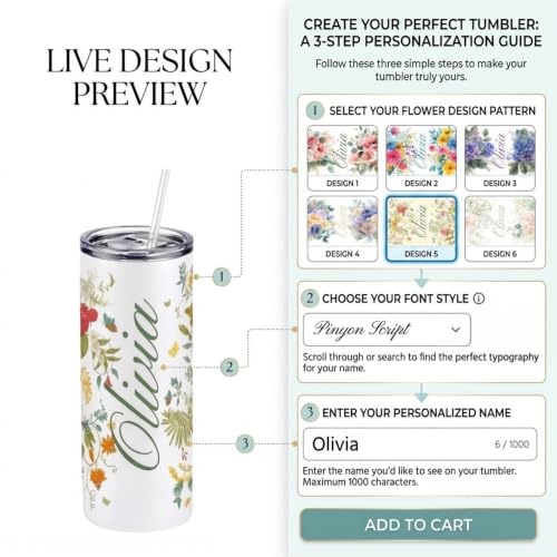 Personalized Name Tumbler with Flower Designs | Custom Coffee Tumbler, 20oz Insulated, 18/8 Stainless Steel Travel Mug, Lid & Straw, Unique Gift for Mom, Women & Friends