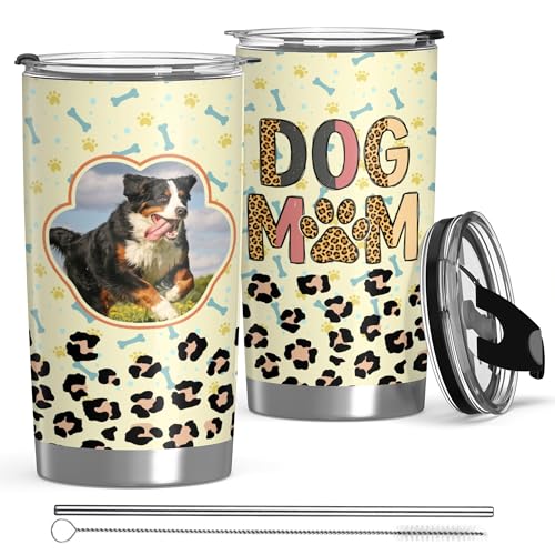 Personalized Tumbler with Photo For Dog/Cat Mom Lover, Made in USA 20 oz Custom Stainless Steel Coffee Mug with Lid, Custom Cup Gift for Pet Lover, Mom, Friends