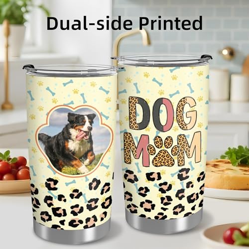 Personalized Tumbler with Photo For Dog/Cat Mom Lover, Made in USA 20 oz Custom Stainless Steel Coffee Mug with Lid, Custom Cup Gift for Pet Lover, Mom, Friends