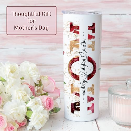 Personalized Mom Tumbler with Name | 20oz Skinny Floral Cup with Lid and Straw | Custom Gift for Mother’s Day, Birthday, Christmas | Insulated Travel Tumbler for Coffee Water Tea | Red Roses