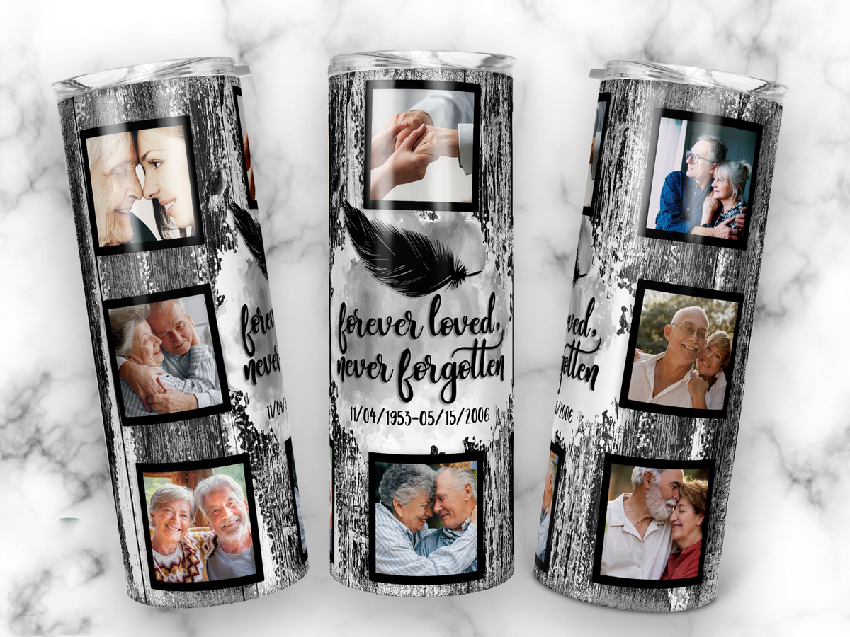 20oz Personalized Memorial Photo Collage Tumbler, Forever Loved Never Forgotten Custom Keepsake Tumbler, Rustic Wood Feather Design Stainless Steel Insulated Tumbler with Lid & Straw, Sympathy Remembrance Gift