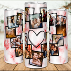 20oz Personalized Heart Photo Collage Tumbler, Pink Marble Background Custom Multi Photos Stainless Steel Insulated Tumbler with Lid & Straw, Family Couple Anniversary Birthday Gift