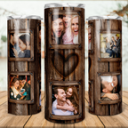 20oz Personalized Wood Grain Family Photo Collage Tumbler, Rustic Wooden Frame & Heart Design Stainless Steel Insulated Tumbler with Lid & Straw, Custom Family Keepsake Birthday Anniversary Gift
