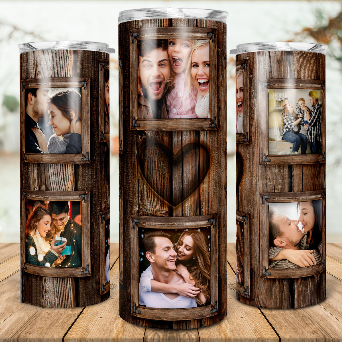 20oz Personalized Wood Grain Family Photo Collage Tumbler, Rustic Wooden Frame & Heart Design Stainless Steel Insulated Tumbler with Lid & Straw, Custom Family Keepsake Birthday Anniversary Gift
