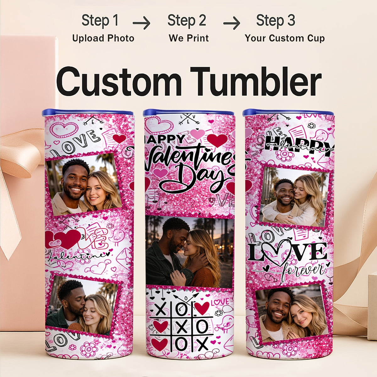 20oz Personalized Photo Stainless Steel Tumbler with Lid & Straw, Romantic Couple Love Design Custom Picture Tumbler, Unique Anniversary Birthday Valentine’s Day Gift Coffee Travel Mug