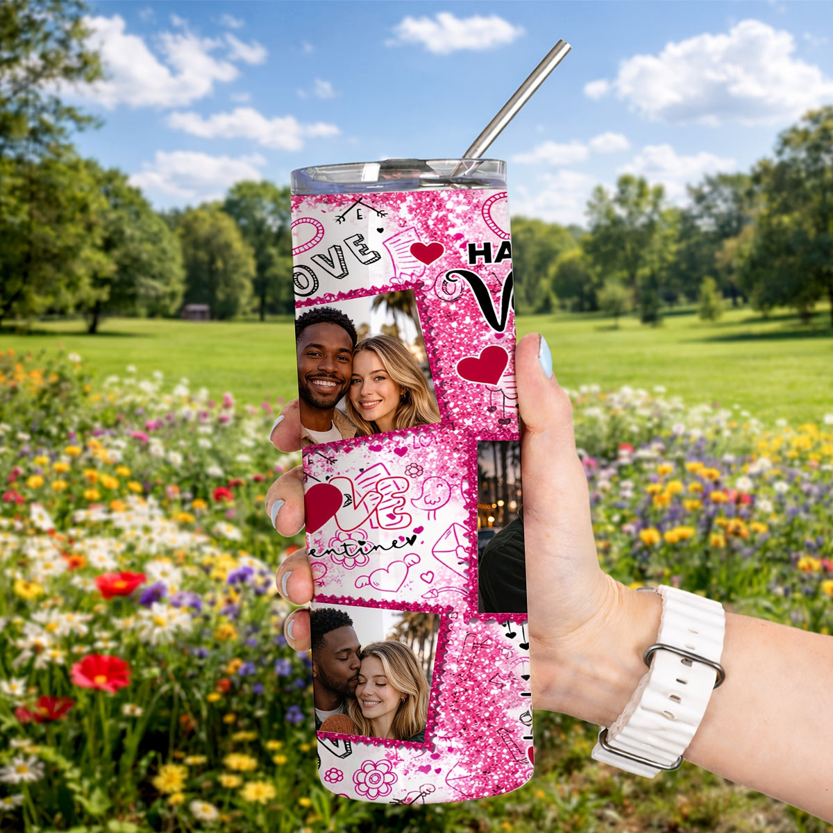 20oz Personalized Photo Stainless Steel Tumbler with Lid & Straw, Romantic Couple Love Design Custom Picture Tumbler, Unique Anniversary Birthday Valentine’s Day Gift Coffee Travel Mug