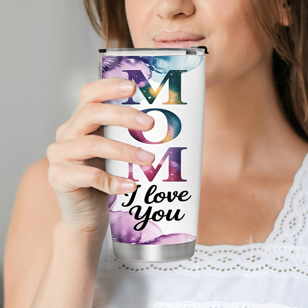 20Oz/600ML Personalized MOM Tumbler, Custom 3 Photos Stainless Steel Insulated Tumbler with Lid, Watercolor Ink Wash Design Travel Coffee Mug, Mom I Love You, Mother’s Day Birthday Gift for Mom