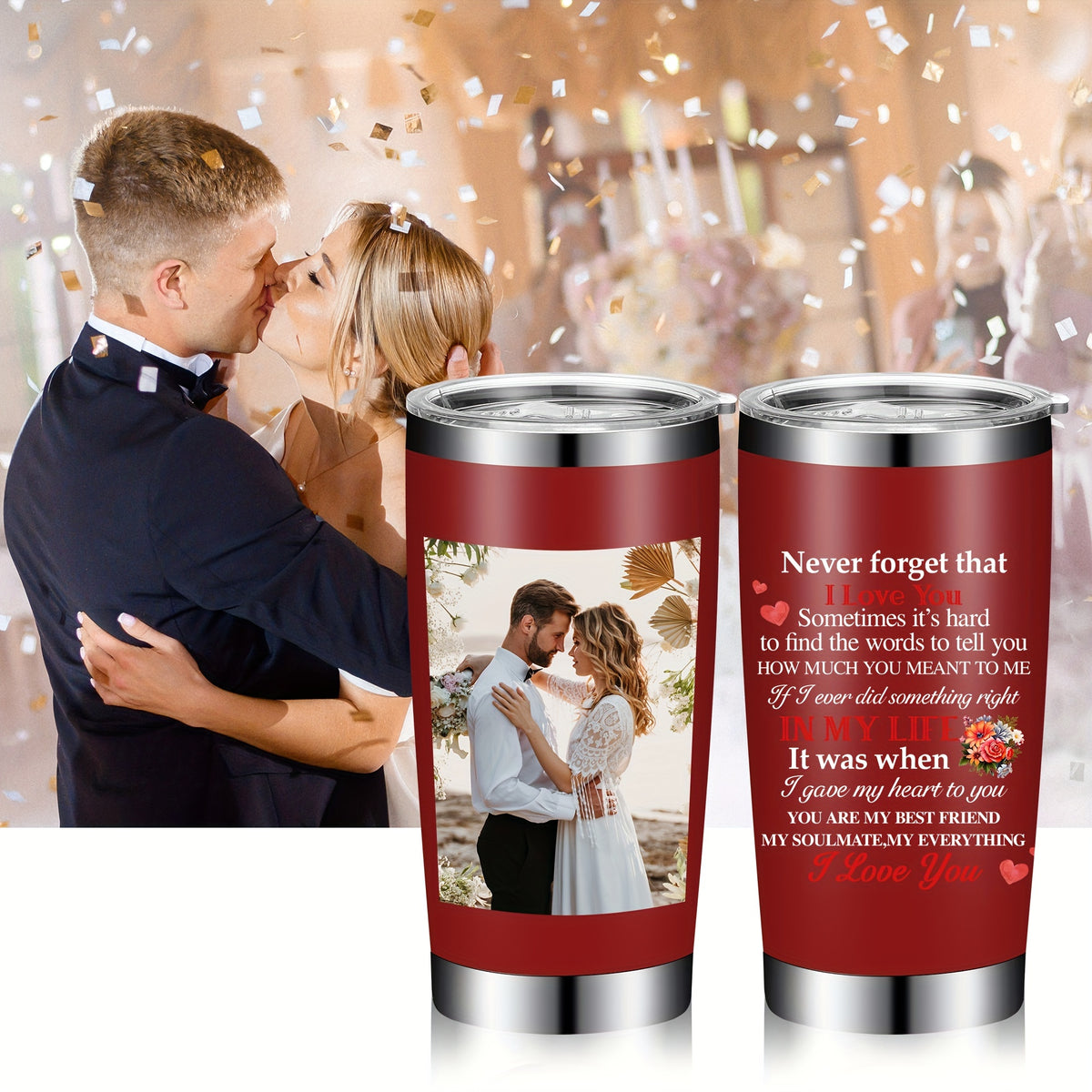 Personalized 20oz Stainless Steel Tumbler, Custom Photo Travel Mug with Lid & Straw, Romantic Anniversary Wedding Gift for Partner, Vacuum Insulated Coffee Cup