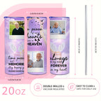 Memorial Custom Photo 20oz Skinny Tumbler, Purple Sky Angel Wings Personalized Insulated Tumbler, Forever in My Heart Remembrance Gift Cup