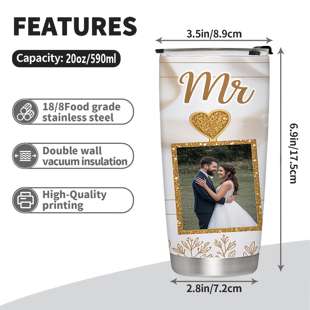 Mr and Mrs Custom Photo 20oz Skinny Tumbler, Wedding Couple Personalized Tumbler, Bride Groom Anniversary Gift