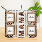 Personalized 20oz Skinny MAMA Leopard Print Tumbler with Lid & Straw, Custom 4 Photos Only, Fixed Rose Gold Glitter Leopard MAMA Design, Stainless Steel Insulated Travel Mug, Single Cup, Mother’s Day Gift for Mom