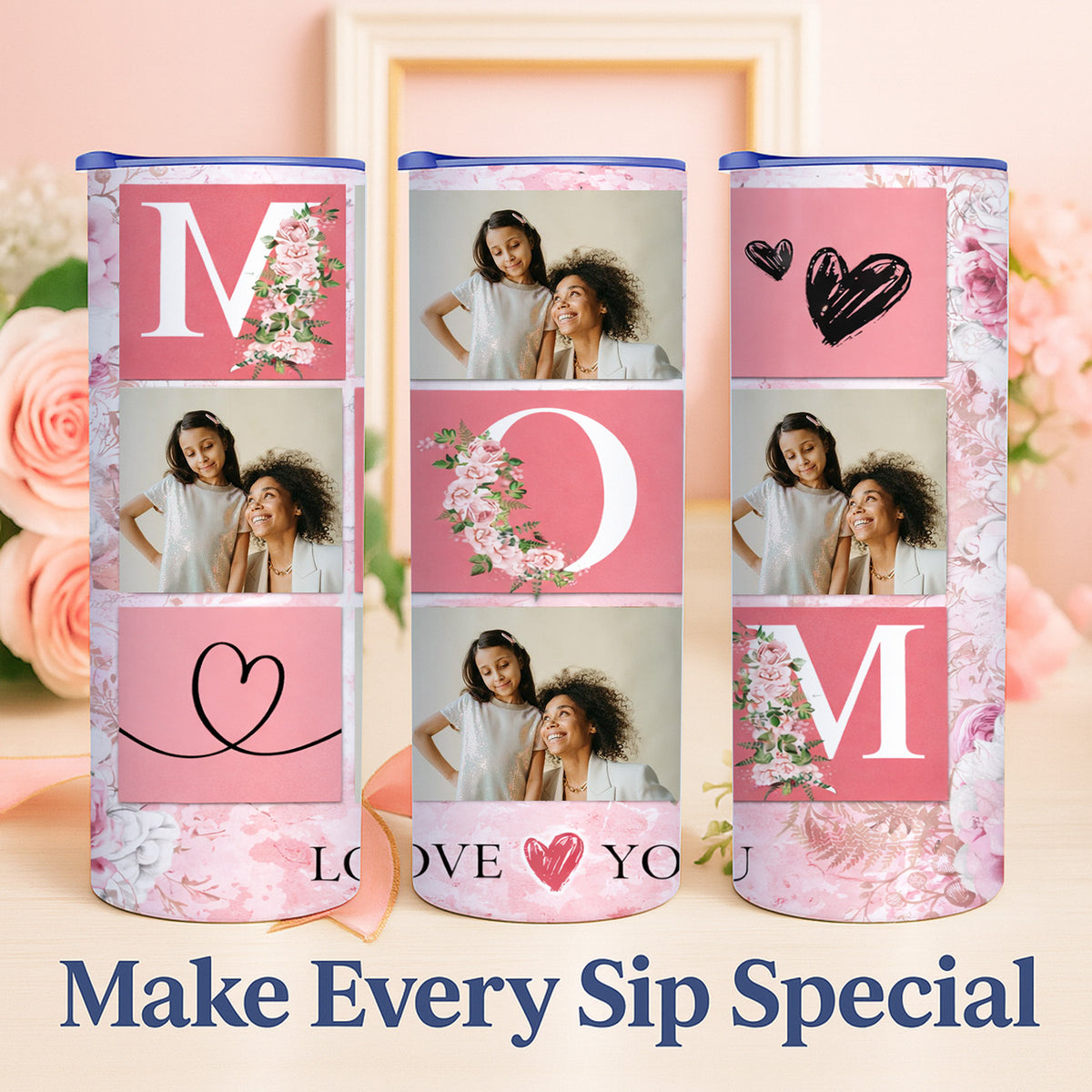 MOM Pink Floral Custom Photo Collage 20oz Skinny Tumbler, Personalized Mom Picture Tumbler, Mother’s Day Gift for Mom