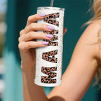 Personalized 20oz Skinny MAMA Leopard Print Tumbler with Lid & Straw, Custom 4 Photos Only, Fixed Rose Gold Glitter Leopard MAMA Design, Stainless Steel Insulated Travel Mug, Single Cup, Mother’s Day Gift for Mom