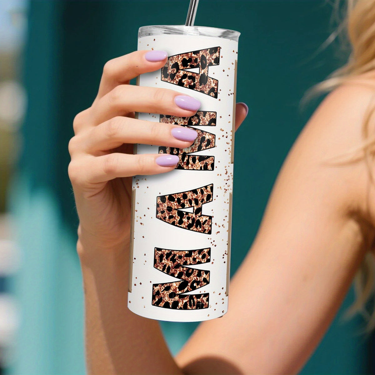 Personalized 20oz Skinny MAMA Leopard Print Tumbler with Lid & Straw, Custom 4 Photos Only, Fixed Rose Gold Glitter Leopard MAMA Design, Stainless Steel Insulated Travel Mug, Single Cup, Mother’s Day Gift for Mom