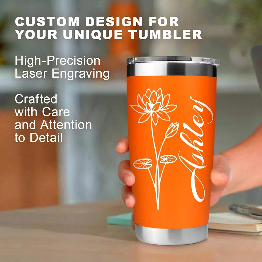 Personalized 20 oz Engraved Tumbler – Custom Name and Birthday Flower Stainless Steel Insulated Travel Cup, Double-Wall, Keeps Drinks Hot & Cold, Durable Coffee Mug – Gift for Her, Made in USA.