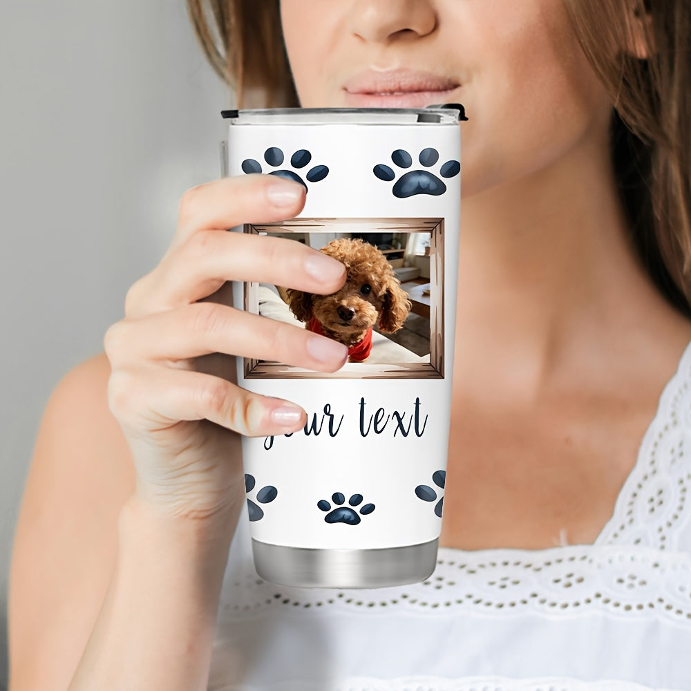 20oz Personalized Tumbler, Custom Your Photos Or Text, Stainless Steel Insulated Tumbler with Lid, Coffee Travel Mug, Dog Paw Print Watercolor Design, Pet Memorial Gift, Birthday Gift for Pet Lovers