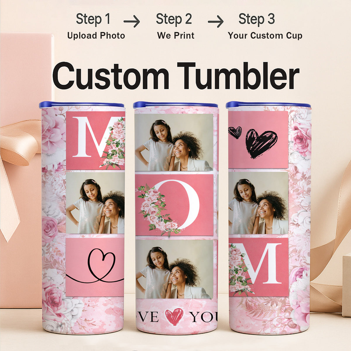 MOM Pink Floral Custom Photo Collage 20oz Skinny Tumbler, Personalized Mom Picture Tumbler, Mother’s Day Gift for Mom