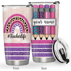 20oz Personalized Teacher Tumbler with Lid, Custom Name Rainbow & Pencil Design, Stainless Steel Insulated Travel Coffee Mug, Teacher Appreciation Week Gift, Birthday Mother's Day Gift for Teachers