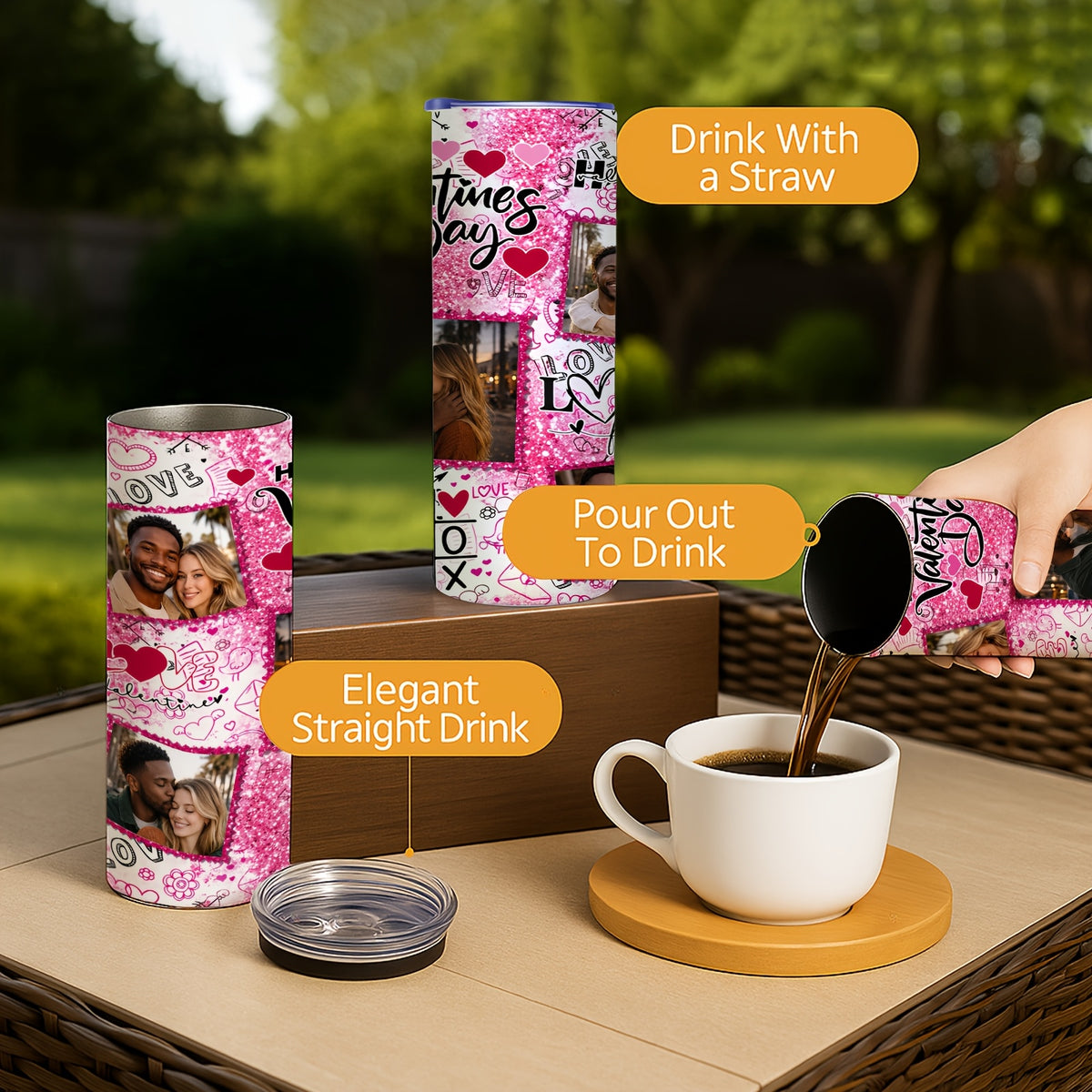 20oz Personalized Photo Stainless Steel Tumbler with Lid & Straw, Romantic Couple Love Design Custom Picture Tumbler, Unique Anniversary Birthday Valentine’s Day Gift Coffee Travel Mug