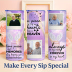 Memorial Custom Photo 20oz Skinny Tumbler, Purple Sky Angel Wings Personalized Insulated Tumbler, Forever in My Heart Remembrance Gift Cup