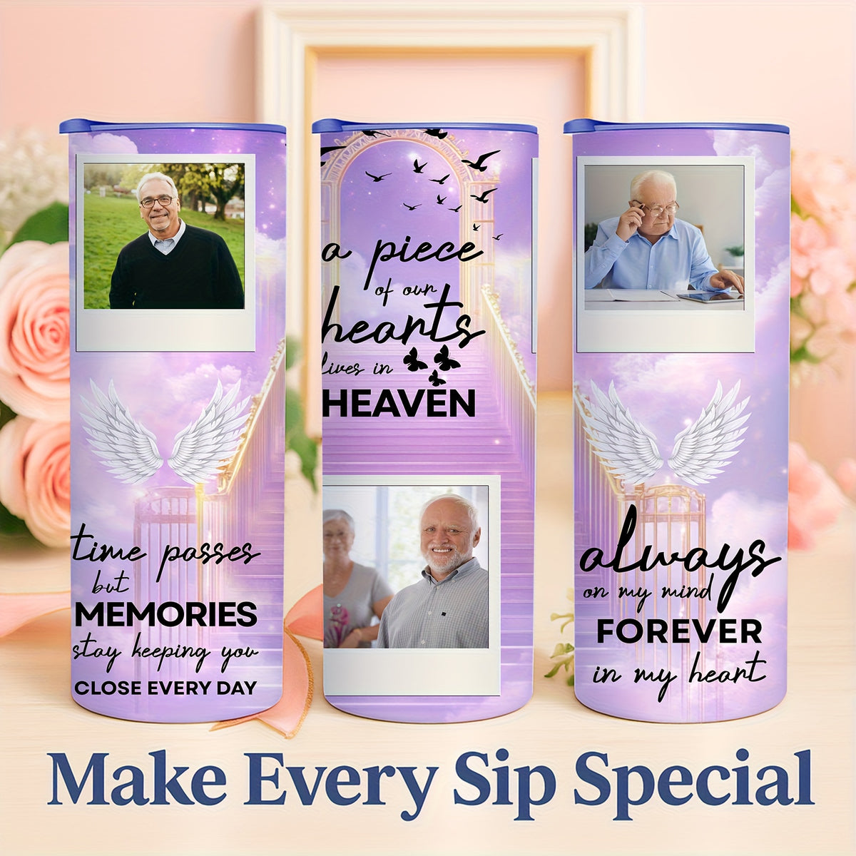 Memorial Custom Photo 20oz Skinny Tumbler, Purple Sky Angel Wings Personalized Insulated Tumbler, Forever in My Heart Remembrance Gift Cup