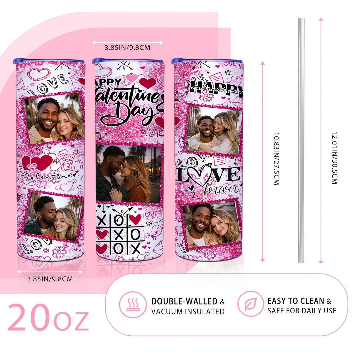20oz Personalized Photo Stainless Steel Tumbler with Lid & Straw, Romantic Couple Love Design Custom Picture Tumbler, Unique Anniversary Birthday Valentine’s Day Gift Coffee Travel Mug