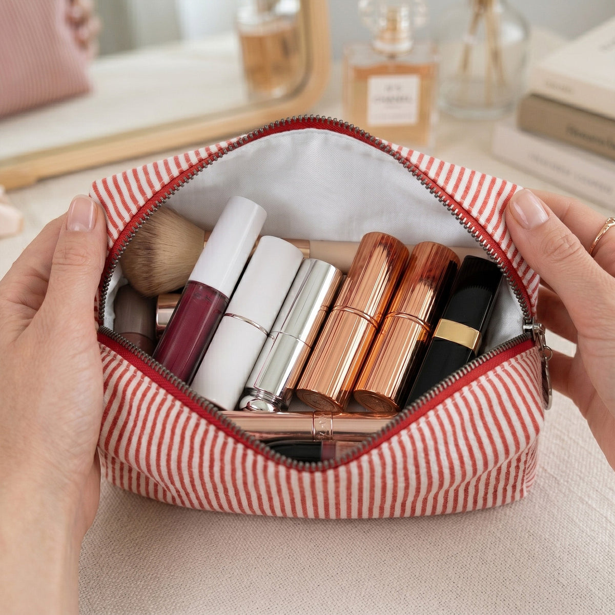 Custom Birth Flower, Name & Cute Character For Her - Personalized Makeup Bag