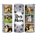 Personalized 20oz Skinny Dog Mom Tumbler with Lid & Straw, Custom Dog Photos Only, Glitter Paw Print Heart Fixed Design, Stainless Steel Insulated Travel Mug, Single Cup, Gift for Dog Lovers