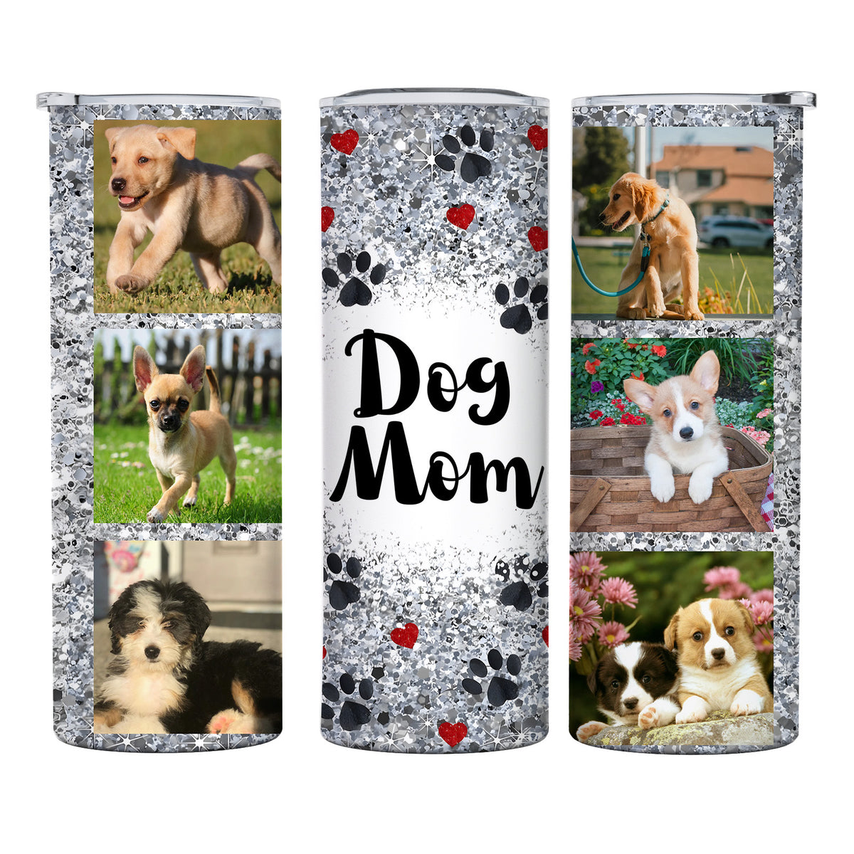 Personalized 20oz Skinny Dog Mom Tumbler with Lid & Straw, Custom Dog Photos Only, Glitter Paw Print Heart Fixed Design, Stainless Steel Insulated Travel Mug, Single Cup, Gift for Dog Lovers