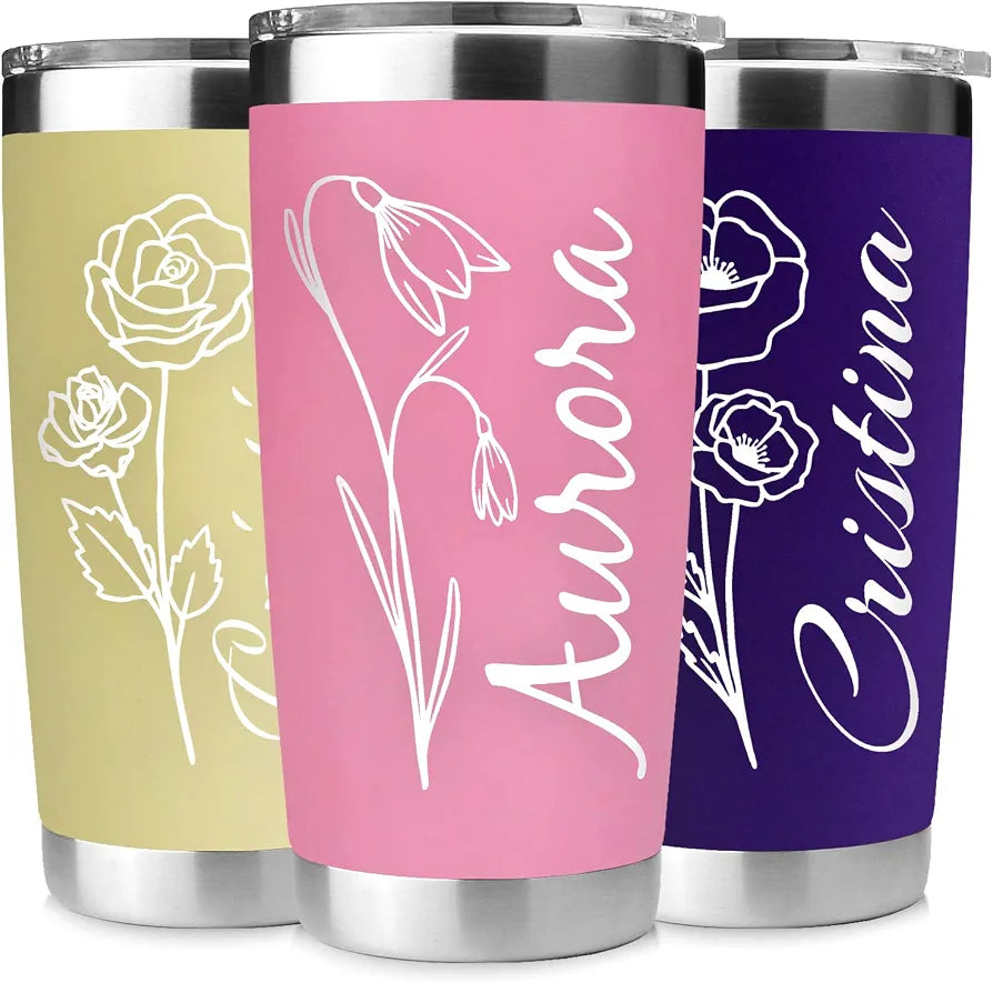 Personalized 20 oz Engraved Tumbler – Custom Name and Birthday Flower Stainless Steel Insulated Travel Cup, Double-Wall, Keeps Drinks Hot & Cold, Durable Coffee Mug – Gift for Her, Made in USA.