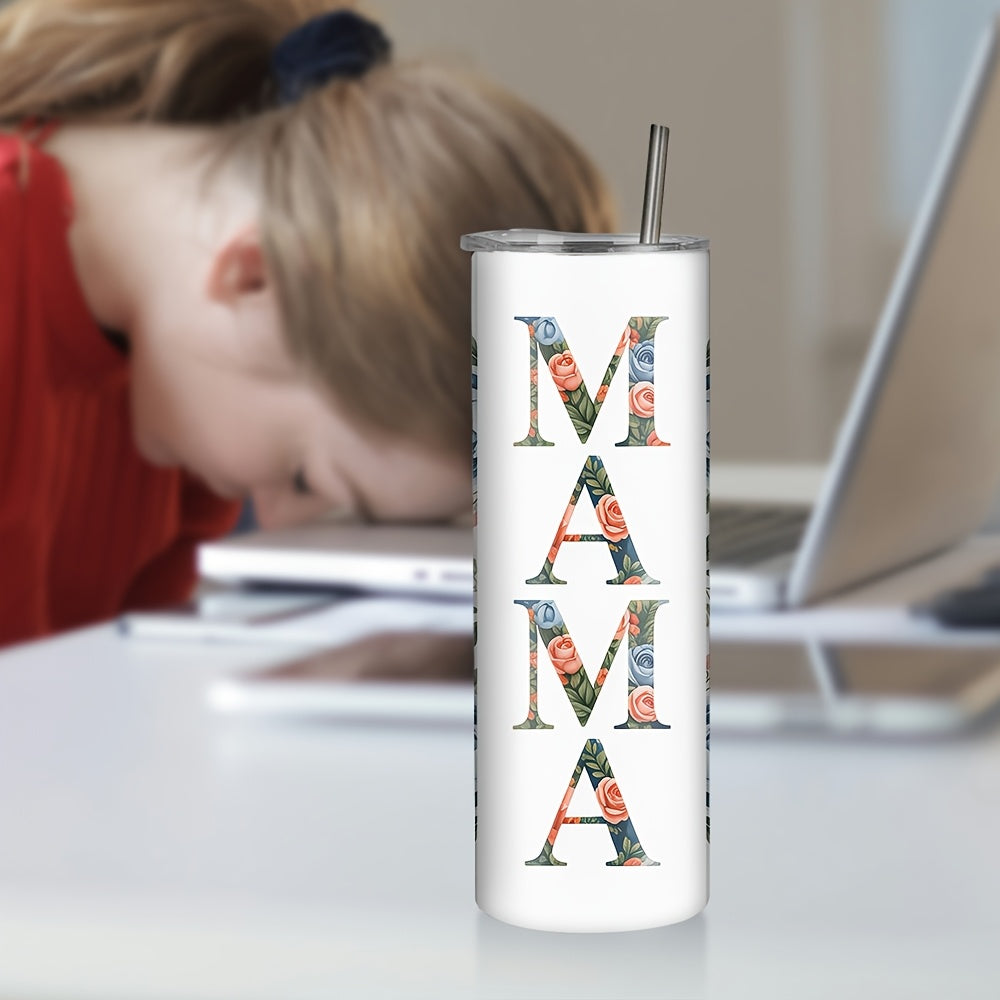 Personalized 20oz Skinny Tumbler with Lid & Straw, Custom Multi Photo Collage on Back, Fixed Floral MAMA Design, Insulated Stainless Steel Travel Cup, Single Tumbler, Mother’s Day & Birthday Gift