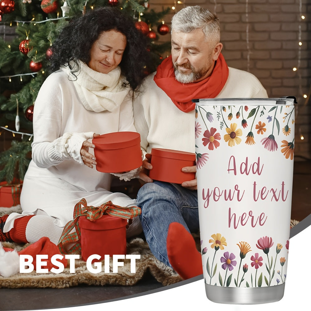 20Oz Personalized Floral Tumbler, Custom Photo & Text Stainless Steel Insulated Tumbler with Lid, Wildflower Design Coffee Travel Mug, Custom Mother’s Day Gift, Birthday Gift for Women
